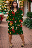 Blue Casual Christmas Tree Santa Claus Print Basic V Neck Long Sleeve Loose Pockets Straight Midi T-Shirt Dress