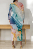 Color Ink Watercolor Print O Neck Long Sleeve Casual Outing Vacation Wrap Casual Outing Bodycon Maxi Dress