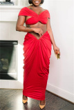 Red Christmas Party Outfits Backless Off Shoulder Short Sleeve Ruched Crop Tops And Maxi Skirt Formal Evening Prom Two Pieces Dress Sets