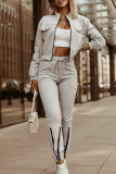 Black Sportwear Casual Zipper Collar Long Sleeve Crop Jackets And Skinny Sweatpants Two Pieces Jogger Sets