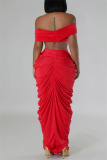 Red Christmas Party Outfits Backless Off Shoulder Short Sleeve Ruched Crop Tops And Maxi Skirt Formal Evening Prom Two Pieces Dress Sets