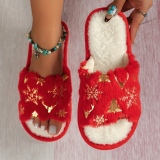 Off White Casual Round Open-Toe Sandals with Ankle Strap Flat With Christmas Tree Snowflakes Pattern