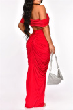 Red Christmas Party Outfits Backless Off Shoulder Short Sleeve Ruched Crop Tops And Maxi Skirt Formal Evening Prom Two Pieces Dress Sets