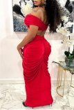 Red Christmas Party Outfits Backless Off Shoulder Short Sleeve Ruched Crop Tops And Maxi Skirt Formal Evening Prom Two Pieces Dress Sets