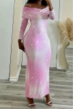 Pink Ombre Print Hot Drilling Off Shoulder Long Sleeve Long Formal Evening Party Prom Bodycon Maxi Dresses