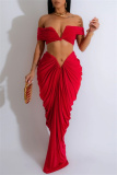 Red Christmas Party Outfits Backless Off Shoulder Short Sleeve Ruched Crop Tops And Maxi Skirt Formal Evening Prom Two Pieces Dress Sets
