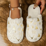 Red Round Keep Warm Closed-Toe Clog Sandals with Christmas Tree Snowflakes Patterns