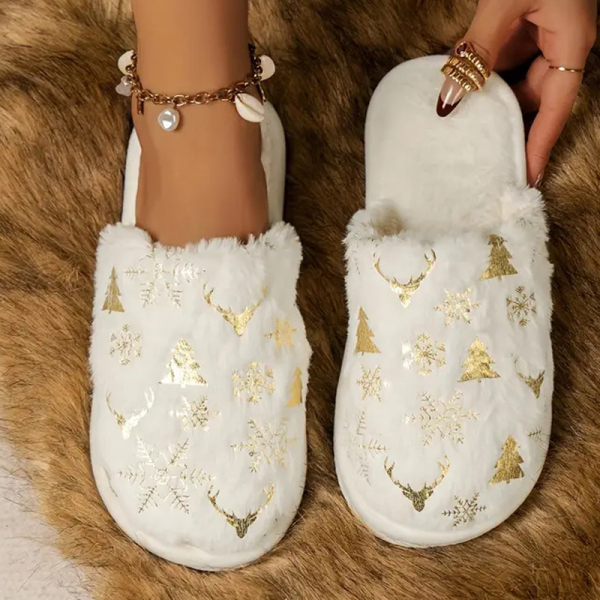 Red Round Keep Warm Closed-Toe Clog Sandals with Christmas Tree Snowflakes Patterns