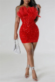Red Evening Party Gown Sequin Feathers Trim Backless Strapless Wrapped Skirt Bodycon Glitter Prom Mini Dress