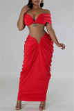 Red Christmas Party Outfits Backless Off Shoulder Short Sleeve Ruched Crop Tops And Maxi Skirt Formal Evening Prom Two Pieces Dress Sets