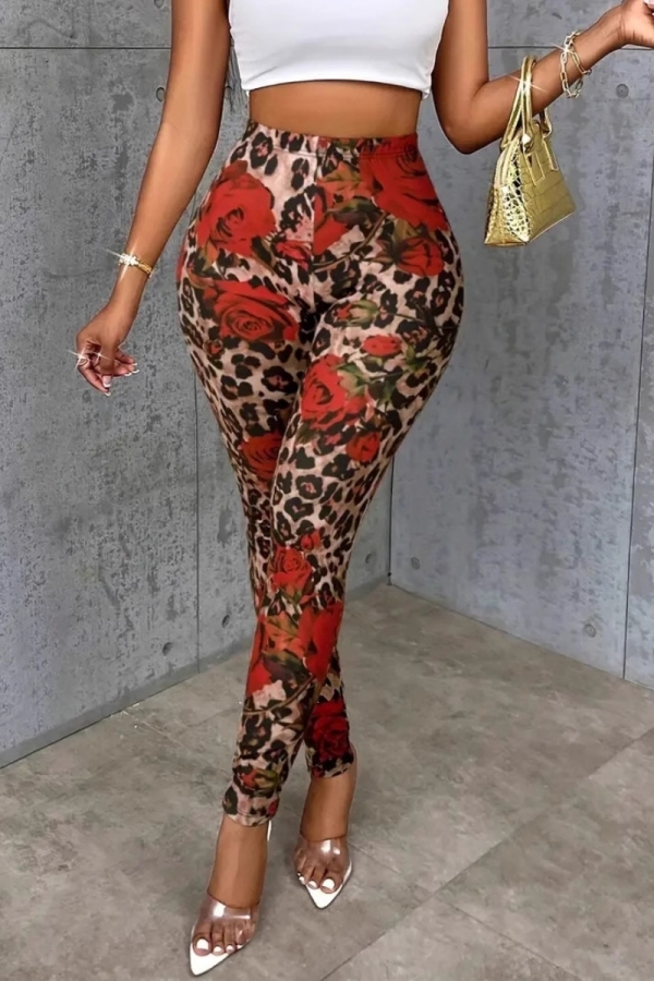 Red Casual Floral Print High Waist Pencil Skinny Pants