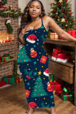 Khaki Christmas Print Sleeveless Backless Spaghetti Strap Casual Outing Vacation Bodycon Maxi Dress