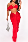Red Christmas Party Outfits Backless Off Shoulder Short Sleeve Ruched Crop Tops And Maxi Skirt Formal Evening Prom Two Pieces Dress Sets