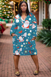 Blue Casual Christmas Tree Santa Claus Print Basic V Neck Long Sleeve Loose Pockets Straight Midi T-Shirt Dress