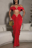 Red Christmas Party Outfits Backless Off Shoulder Short Sleeve Ruched Crop Tops And Maxi Skirt Formal Evening Prom Two Pieces Dress Sets