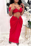 Red Christmas Party Outfits Backless Off Shoulder Short Sleeve Ruched Crop Tops And Maxi Skirt Formal Evening Prom Two Pieces Dress Sets