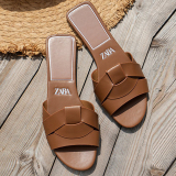 Brown Leather Slide Sandals With Single Strap Casual Shoes
