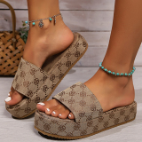 Khaki Beige Open-Toed Sandals With Woven Upper And Flat Sole Wedges Shoes