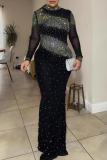 Black Formal Evening Party Prom Hot Drill O Neck Long Sleeve Long Bodycon Maxi Dresses