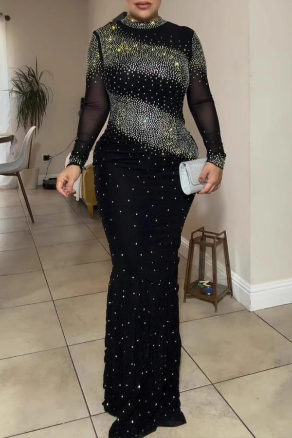 Black Formal Evening Party Prom Hot Drill O Neck Long Sleeve Long Bodycon Maxi Dresses