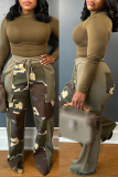 Army Green Sportwear Casual Camouflage Print Pocket Patchwork High Waist Straight Leg Sweatpants