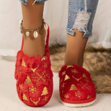 Red Round Keep Warm Closed-Toe Clog Sandals with Christmas Tree Snowflakes Patterns