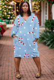 Blue Casual Christmas Tree Santa Claus Print Basic V Neck Long Sleeve Loose Pockets Straight Midi T-Shirt Dress