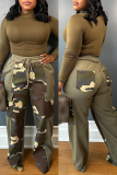 Army Green Sportwear Casual Camouflage Print Pocket Patchwork High Waist Straight Leg Sweatpants