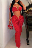 Red Christmas Party Outfits Backless Off Shoulder Short Sleeve Ruched Crop Tops And Maxi Skirt Formal Evening Prom Two Pieces Dress Sets