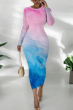 Color Ink Watercolor Print O Neck Long Sleeve Casual Outing Vacation Wrap Casual Outing Bodycon Maxi Dress