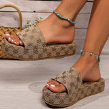 Khaki Beige Open-Toed Sandals With Woven Upper And Flat Sole Wedges Shoes
