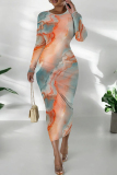 Color Ink Watercolor Print O Neck Long Sleeve Casual Outing Vacation Wrap Casual Outing Bodycon Maxi Dress