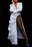 White Formal Evening Party Prom V Neck Long Sleeve Long Slit Ruched Maxi Dresses