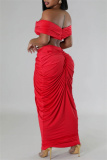 Red Christmas Party Outfits Backless Off Shoulder Short Sleeve Ruched Crop Tops And Maxi Skirt Formal Evening Prom Two Pieces Dress Sets