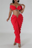 Red Christmas Party Outfits Backless Off Shoulder Short Sleeve Ruched Crop Tops And Maxi Skirt Formal Evening Prom Two Pieces Dress Sets