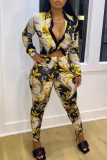 Gold Casual Floral Chain Print Turndown Collar Long Sleeve Buttons Belted Crop Shirt And Skinny Pants Two Pieces Trouser Sets