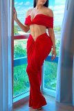 Red Christmas Party Outfits Backless Off Shoulder Short Sleeve Ruched Crop Tops And Maxi Skirt Formal Evening Prom Two Pieces Dress Sets
