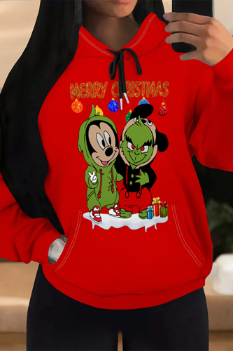Red Casual Christmas Party Outfits Skull Head Cartoon Letters Print Long Sleeve Draw String Pocket Fall Winter Hooded Sweatshirt
