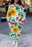 Green Casual Graphcis Print O Neck Long Sleeve Sweatshirt And Pants Casual Sportwear Two Piece Jogger Set