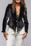 Black Casual Outing Pocket Turn-back Collar Long Sleeve Velvet Blazer Jacket