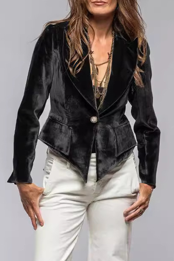 Black Casual Outing Pocket Turn-back Collar Long Sleeve Velvet Blazer Jacket