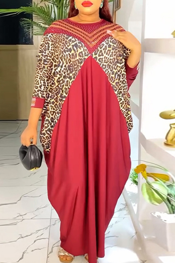 Red African Leopard Print Hot Drill O Neck Bat-wing Sleeve Long Loose Vacation Maxi Dresses