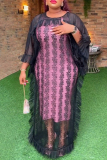 Red African Print Bodycon Maxi Dress and 3/4 Bat-wing Sleeve O Neck Mesh Sheer Ruffled Cover-Up Formal Evening Party PromTwo Pieces Dress Sets