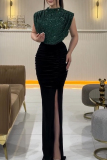 Silver Sequin Evening Party Gown Sleeveless Half A Turtleneck High Slit Bodycon Glitter Prom Maxi Dress