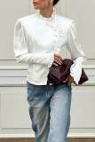 White Formal Office Buttons Stringy Selvedge Turndown Collar Long Sleeve Blouse