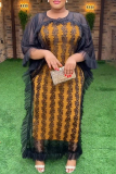 Red African Print Bodycon Maxi Dress and 3/4 Bat-wing Sleeve O Neck Mesh Sheer Ruffled Cover-Up Formal Evening Party PromTwo Pieces Dress Sets
