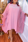 Blue African Mini Dress Cover Up Hot Drill O Neck Bat-wing Sleeve Loose Chiffon Mini Dress Two Pieces Dress Set