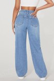 Dark Grey Casual Graphcis Print Hollow Out Pocket High Waist Wide Leg Ripped Denim Jeans