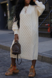 Off White Casual Outing O Neck Lantern Sleeve Winter Cable Knitted Sweater Midi Dress