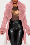 Red Casual Cardigan Turndown Collar Long Sleeve Longline Faux Fur Wool Coat